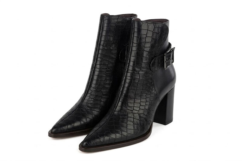 Dress ankle boots back buckles in satin black leather with high block heels and pointed toe - Front view